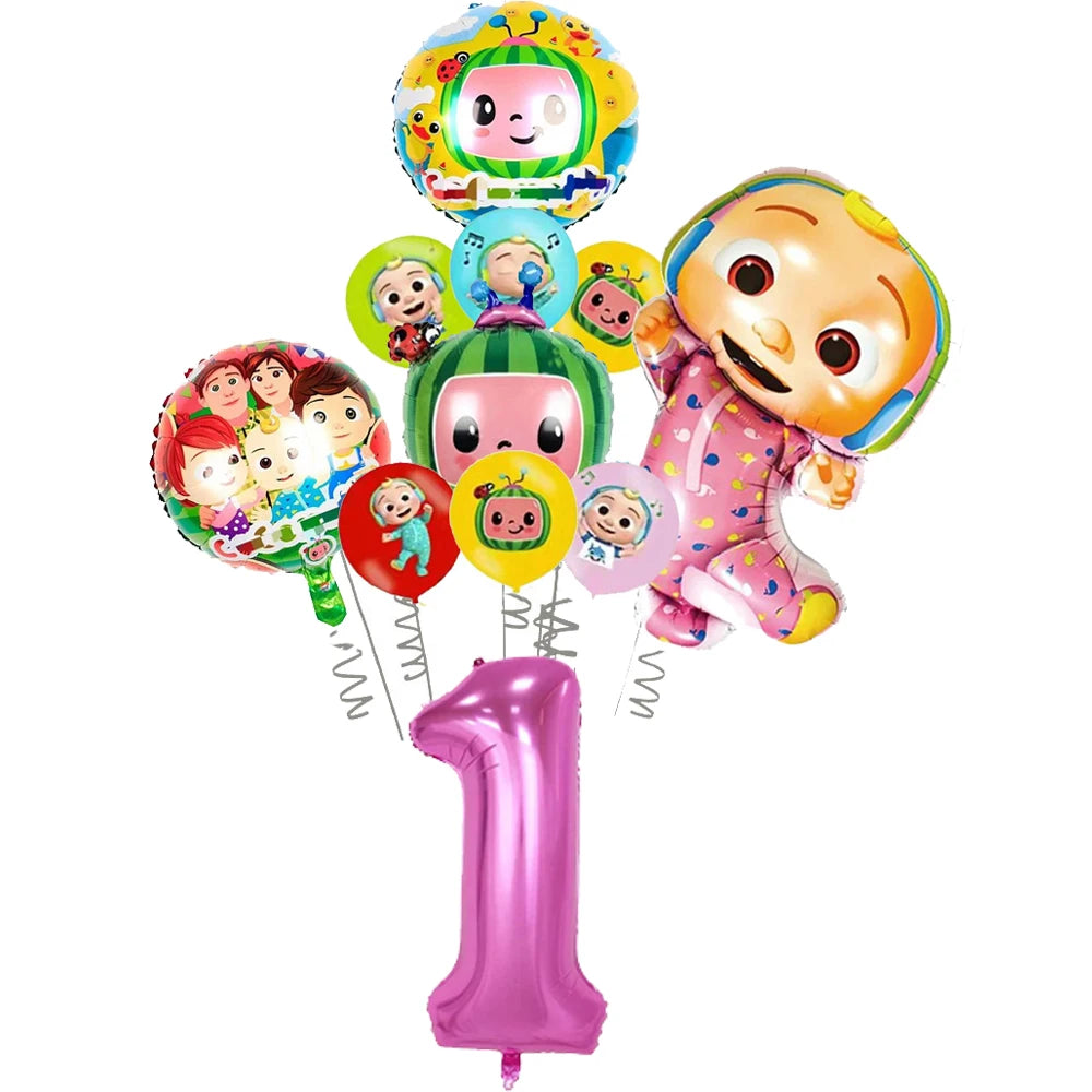 A set of colorful cartoon Cocomelon watermelon foil balloons featuring characters and a large number one balloon.