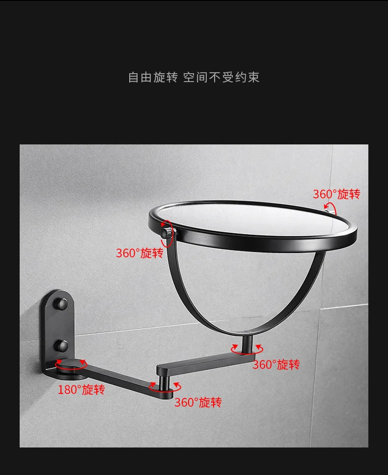 A black folding double-sided wall mirror with telescopic arms shown in various rotation angles.