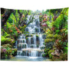 A panoramic tapestry featuring a lush waterfall and dense tropical greenery.