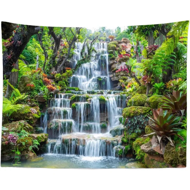 A panoramic tapestry featuring a lush waterfall and dense tropical greenery.
