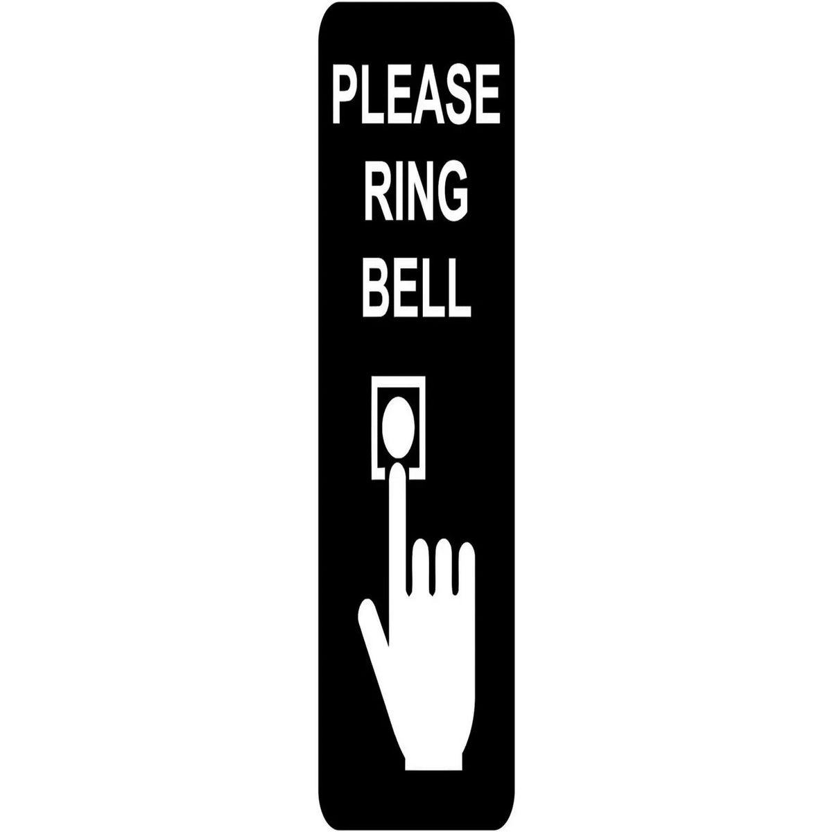 Black sign with white text instructing to please ring the bell.