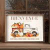 Canvas wall art poster featuring a vintage truck and pumpkins with the text Bienvenue chez les Martin