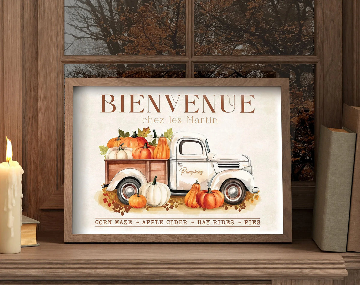 Canvas wall art poster featuring a vintage truck and pumpkins with the text Bienvenue chez les Martin