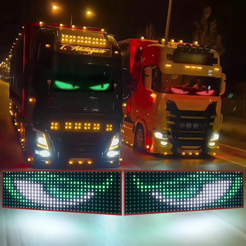 Two red and black trucks with bright LED lights driving at night, featuring green light displays.