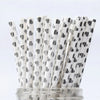 A pack of white drinking straws decorated with a pattern of gray hearts and polka dots.