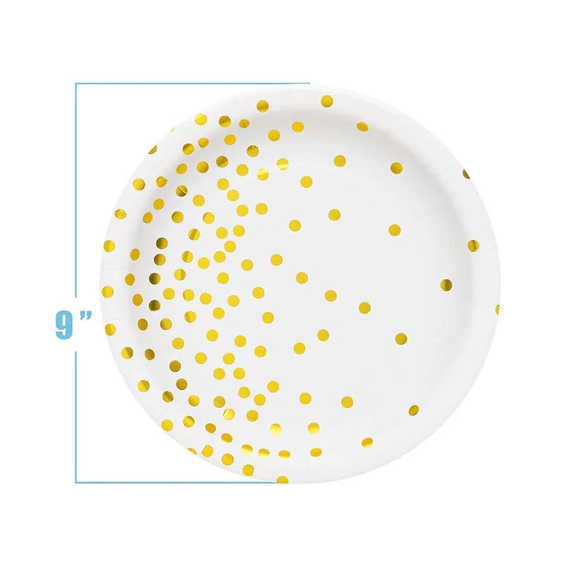 White disposable party plate decorated with gold dots