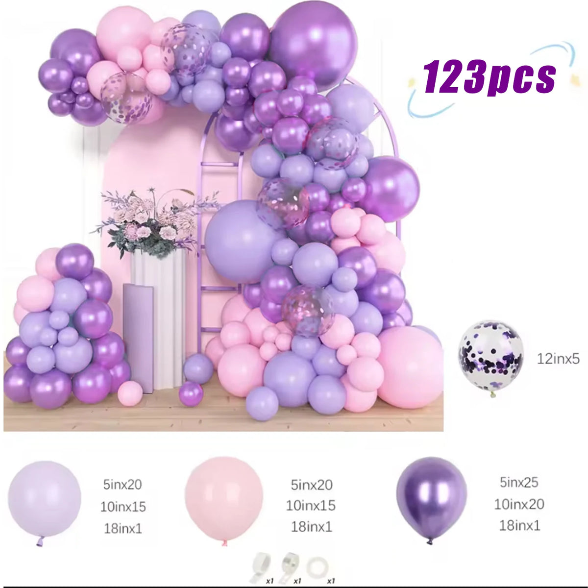 A purple and pink balloon garland featuring various sized balloons and a gold stand.