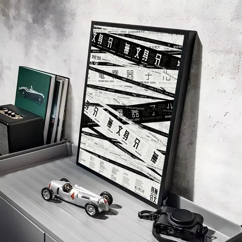 A framed piece of black and white anime wall art featuring a stylized chainsaw character.
