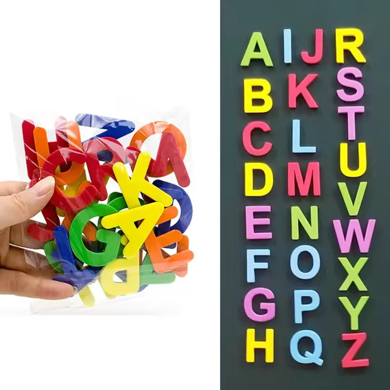 A set of colorful magnetic alphabet letters arranged in alphabetical order for educational play