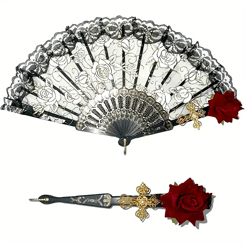 Vintage flamenco rose handheld folding fan with gold accents and a red rose decoration