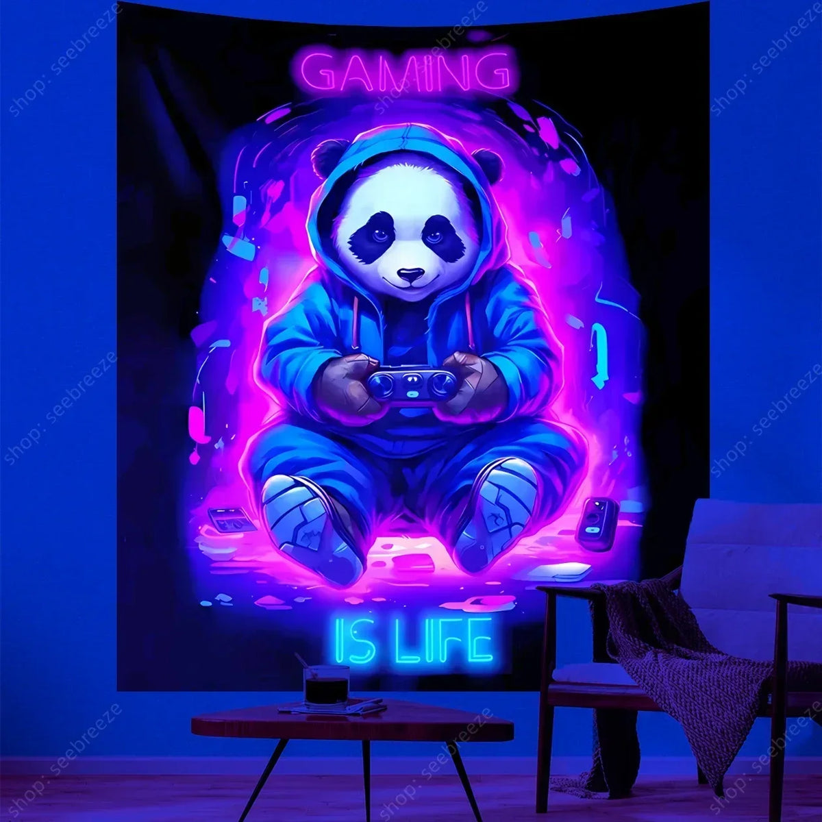 A panda wearing a blue hoodie sits in front of a glowing purple background with the text GAMING IS LIFE.