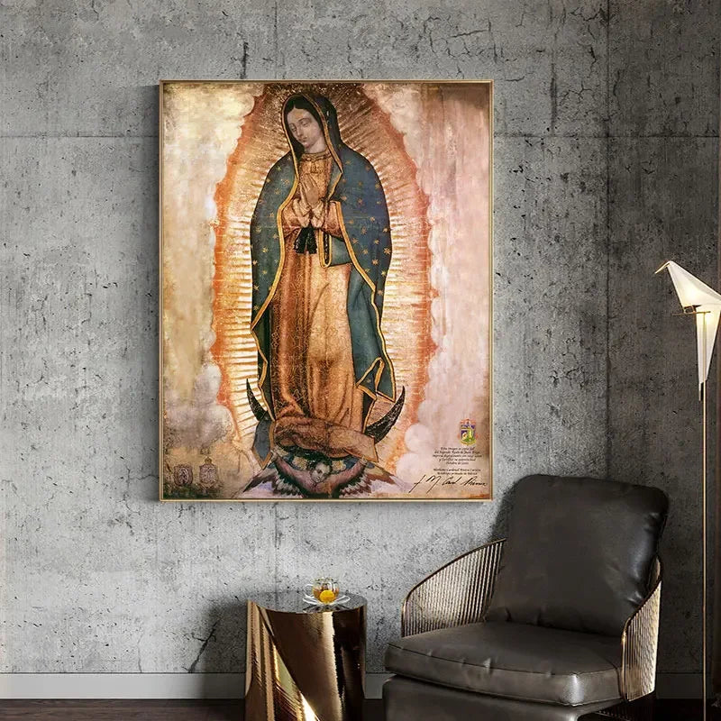 Canvas wall art depicting Our Lady of Guadalupe with a radiant halo against a muted background.