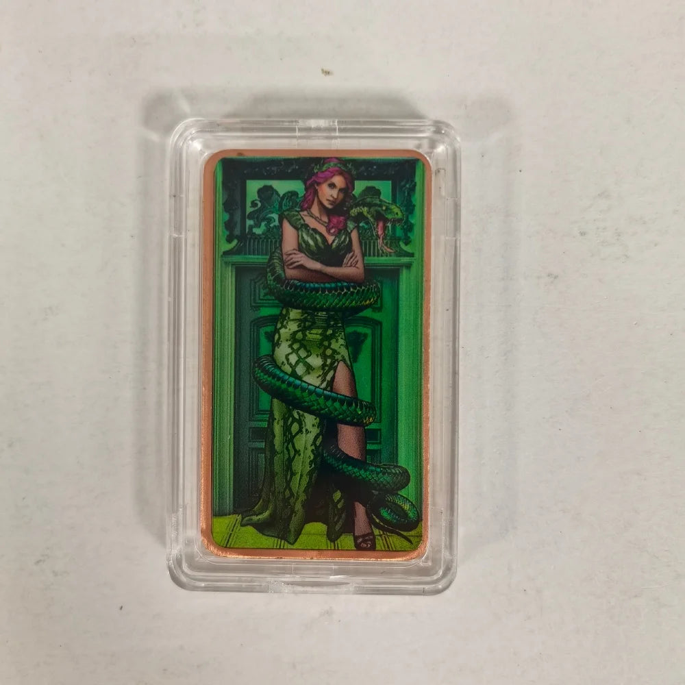 A fantasy art bar featuring a female figure wrapped in green snakes, housed in a clear protective case.