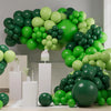 A lush green balloon garland arch kit featuring various shades of green balloons arranged for parties and events.