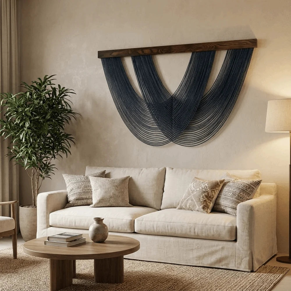 A bohemian macrame wall tapestry hangs on a beige wall above a light-colored sofa and plant.