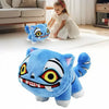 A fluffy blue tiger plush toy with large yellow eyes and a wide grin sitting on a white rug.