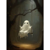 A white ghost hangs from a branch in a dark, moody forest setting with scattered orange leaves.