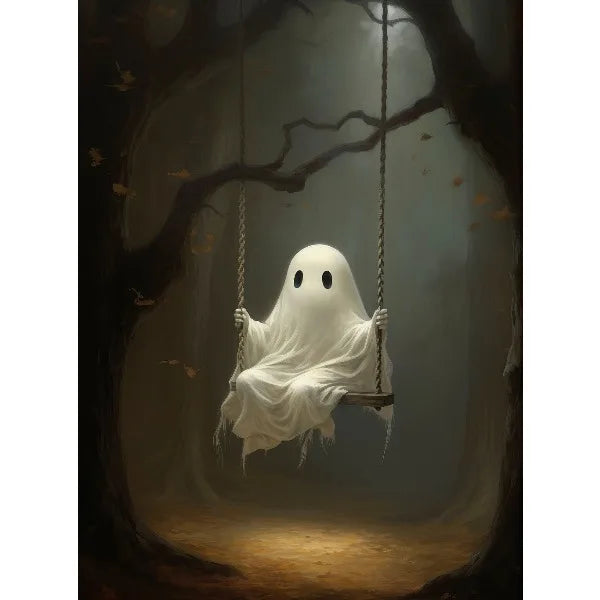 A white ghost hangs from a branch in a dark, moody forest setting with scattered orange leaves.
