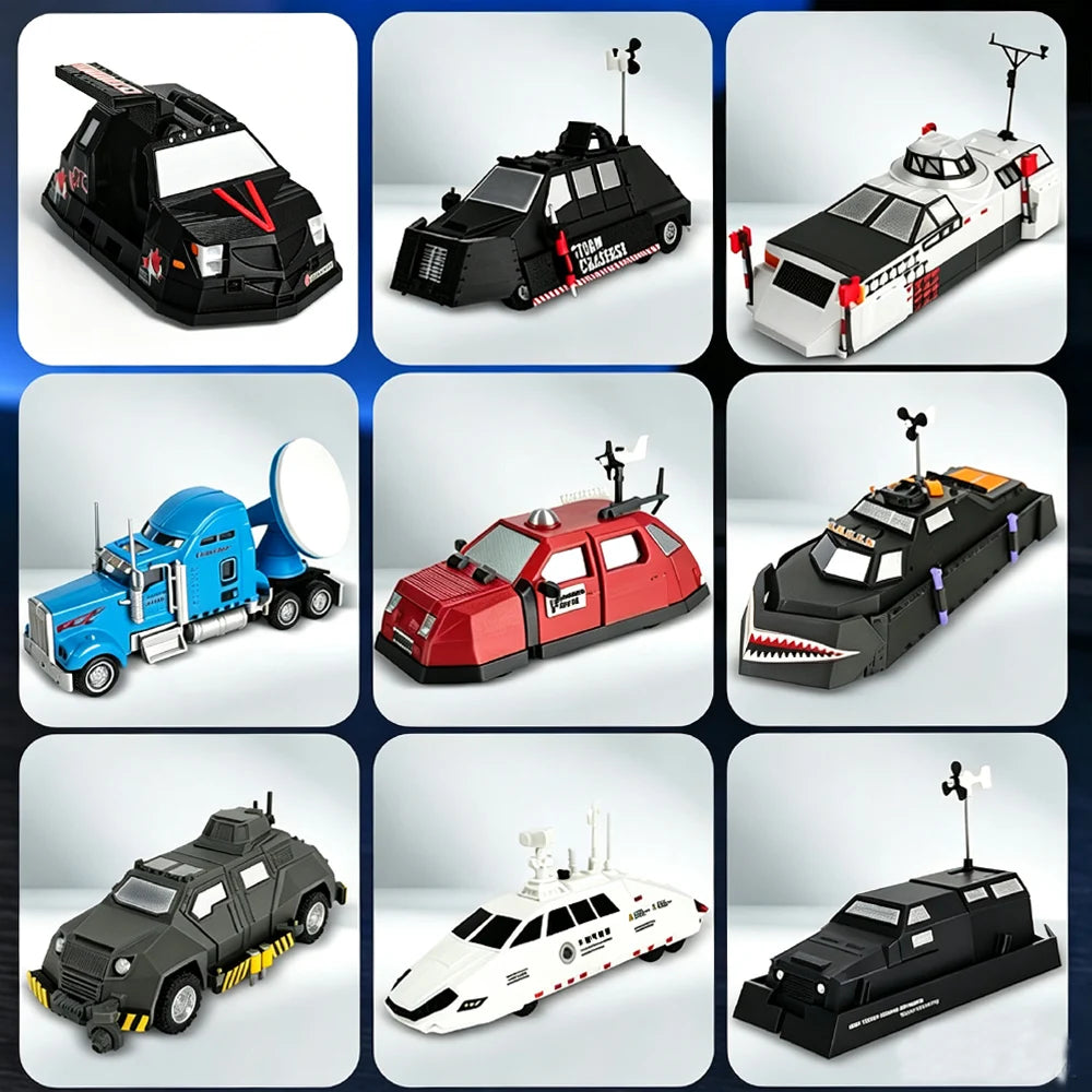 A collection of various scale models of the Storm Chaser Tornado Interceptor Armored Car featuring different vehicles and con
