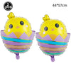 Two yellow cartoon bunny foil balloons, purple and yellow, measuring 44x57 cm.