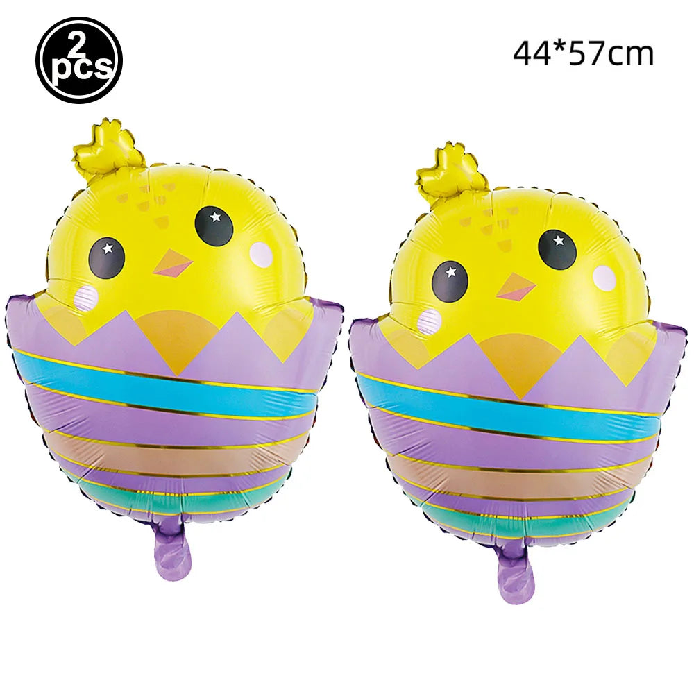 Two yellow cartoon bunny foil balloons, purple and yellow, measuring 44x57 cm.