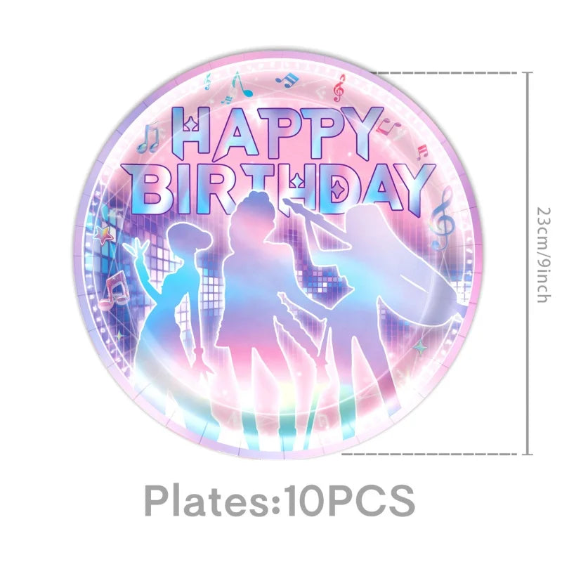 A circular plate design featuring the text Happy Birthday and silhouettes of dancing figures in pink and purple hues.
