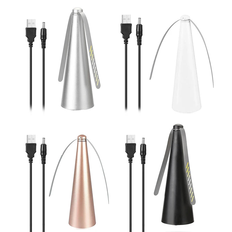 Various views of an automatic electric fly repellent fan in silver, rose gold, and black finishes.