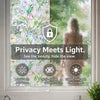 A window featuring a vintage floral mosaic film that provides privacy and UV protection, allowing light through.