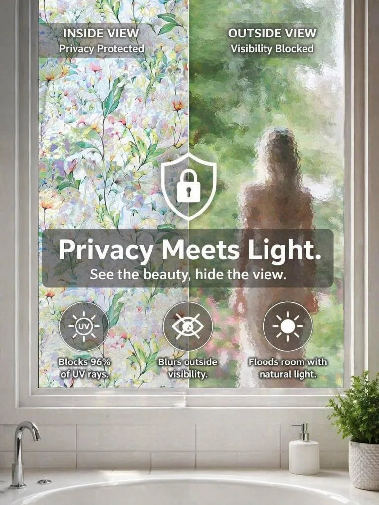 A window featuring a vintage floral mosaic film that provides privacy and UV protection, allowing light through.