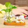 Mini resin desk ornament featuring a green ivy plant and a white lucky cat figurine in a glass vase