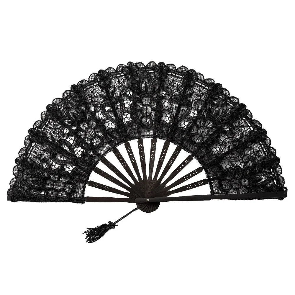 Black vintage lace hand fan with a decorative tassel pendant