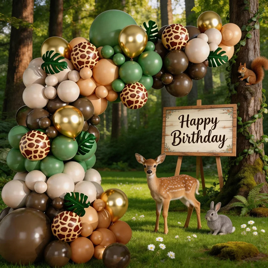 A balloon garland featuring safari jungle prints and various earth tones like olive green, gold, and brown.