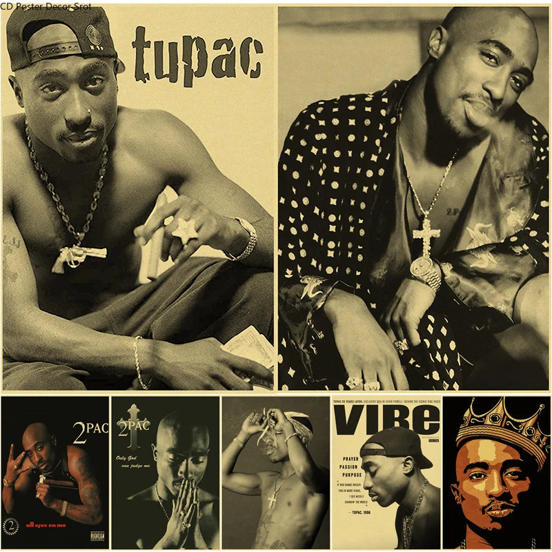 A collage of vintage posters and photos featuring Tupac, including his name, portraits, and album art.