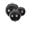 Three black metallic chrome balloons are shown against a white background.