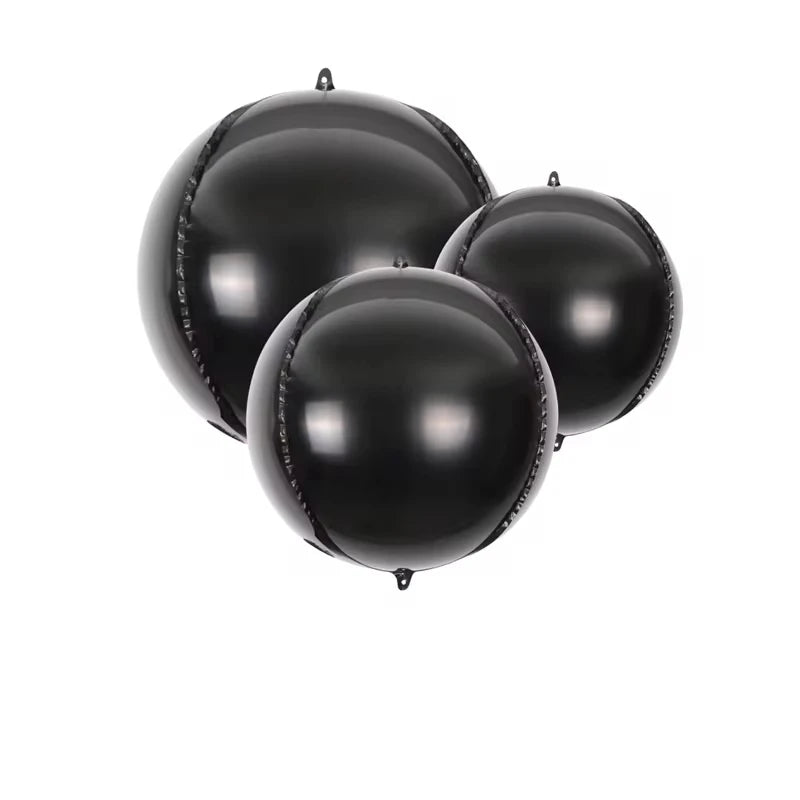 Three black metallic chrome balloons are shown against a white background.