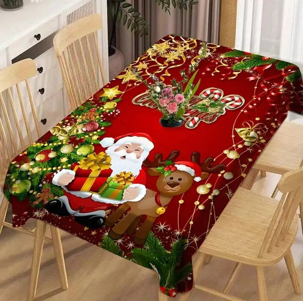 Festive red Christmas tablecloth featuring Santa, reindeer, and greenery for a holiday dining setting