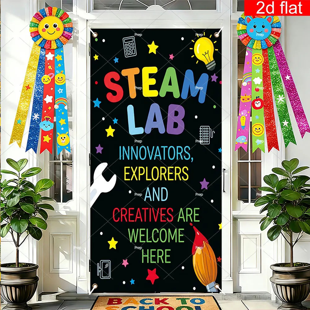A black door decorated with colorful stars and a banner welcoming innovators, explorers, and creatives to the STEAM lab.