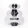 A three-tier rainbow cupcake stand with silver metallic cups for dessert tables and party displays.