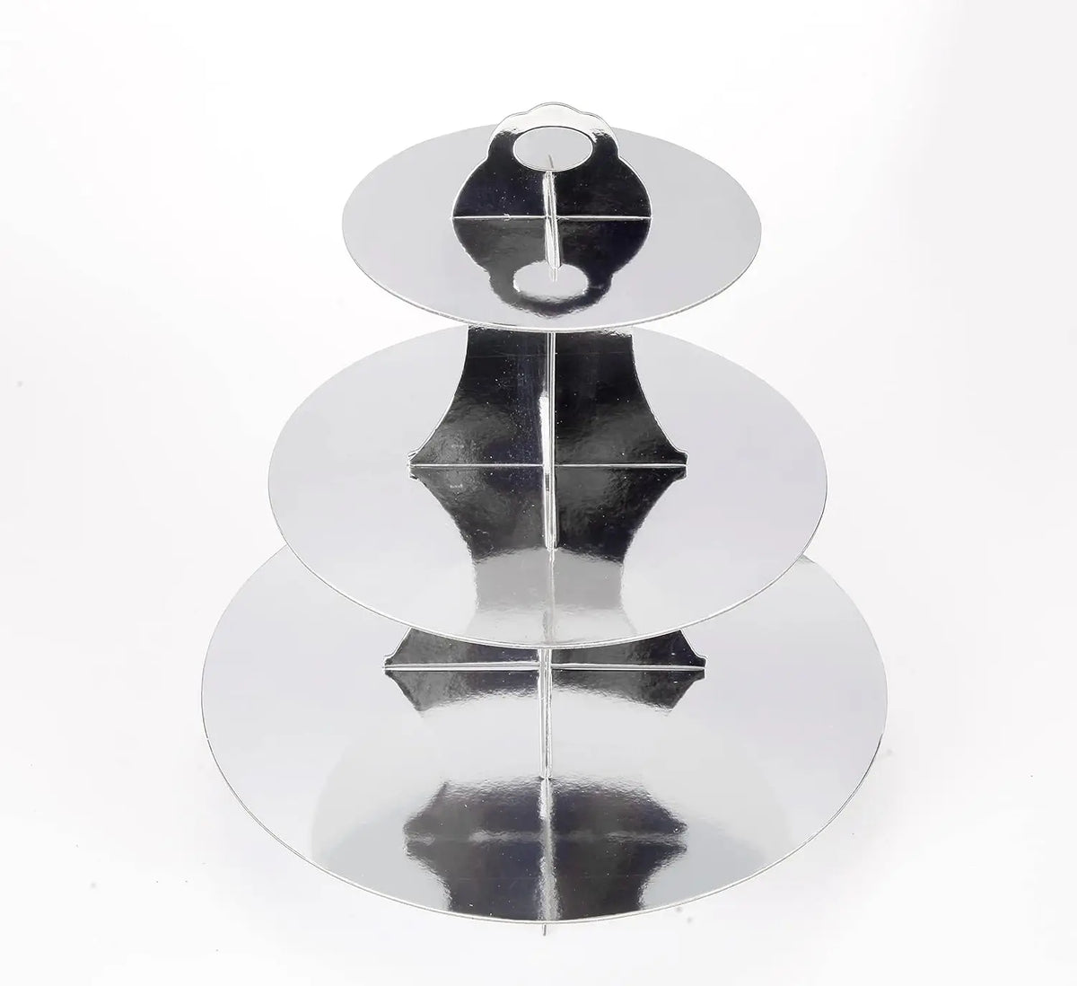 A three-tier rainbow cupcake stand with silver metallic cups for dessert tables and party displays.