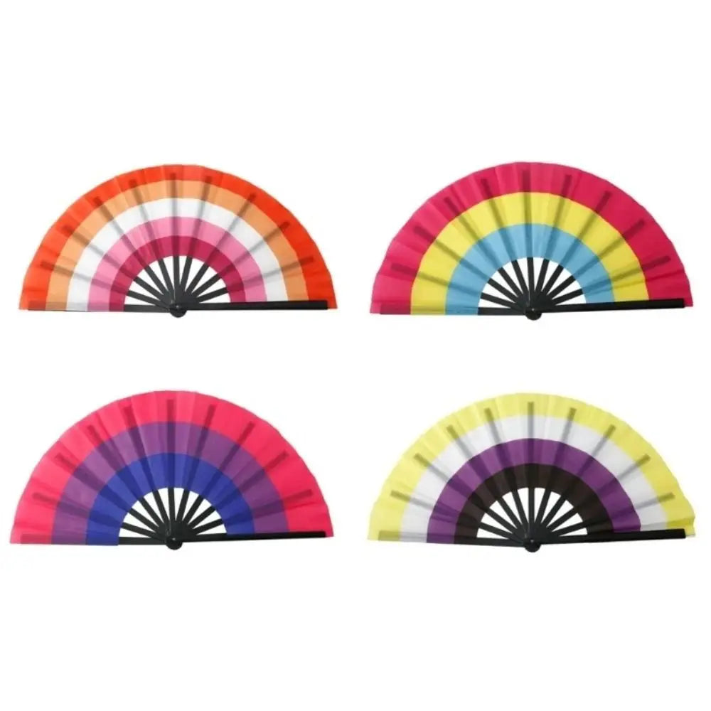 Four colorful folding hand fans displayed in various shades of pink, orange, yellow, and blue.