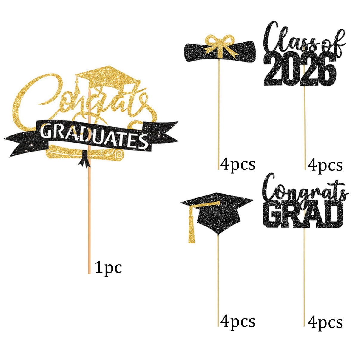 A set of black and gold glitter graduation cake toppers featuring text like Congrats Graduates and Class of 2026.