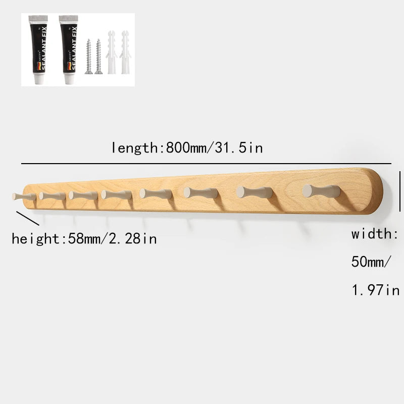 Solid beech wood wall hook rack with four hooks shown next to its dimensions.