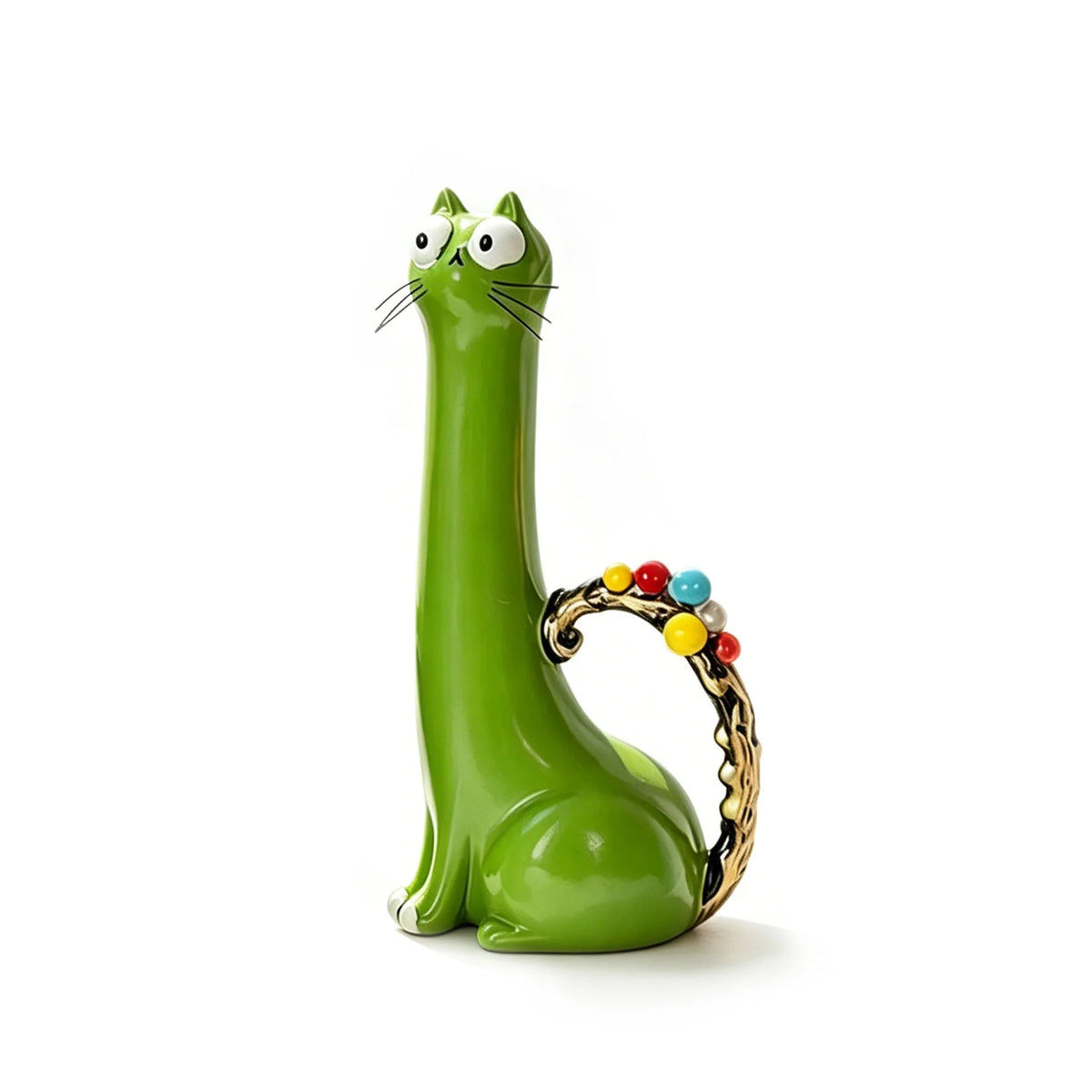 A bright green cat-shaped resin vase with gold accents, looking forward.