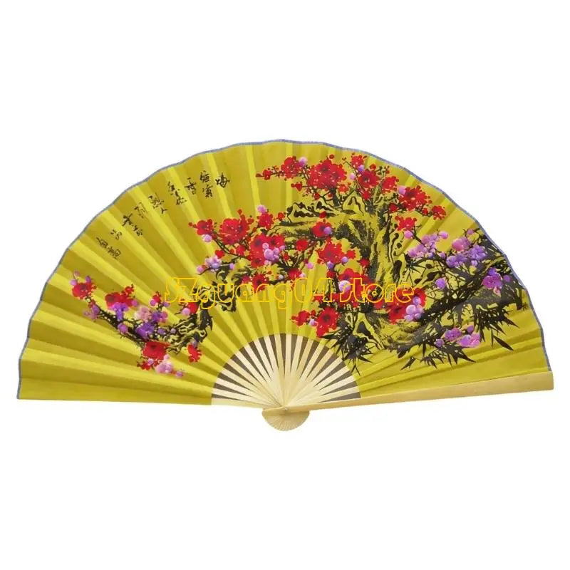 A large decorative Chinese theme wall fan with yellow silk and vibrant red and pink floral designs.