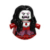 A building block figure of a fierce, dark-haired character with white skin and red accents.