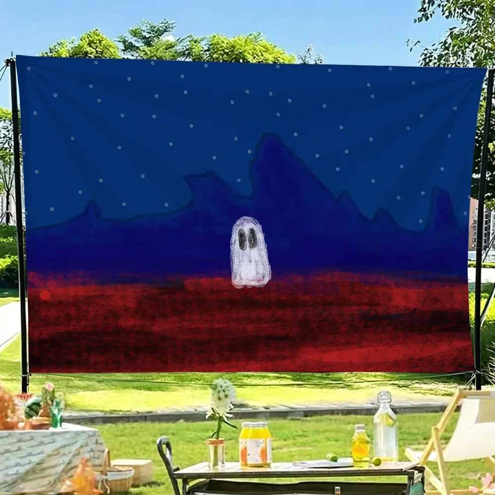 A tapestry featuring Phoebe Bridgers album art, depicting a dark blue and red landscape with a white ghost figure.