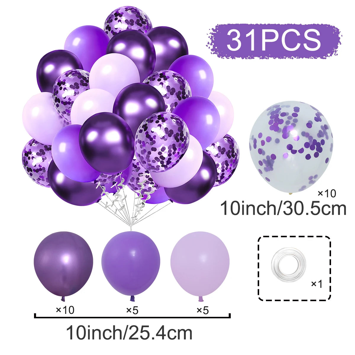 A kit of 31 balloons including purple and lilac balloons with silver confetti accents, packaged for party decor.
