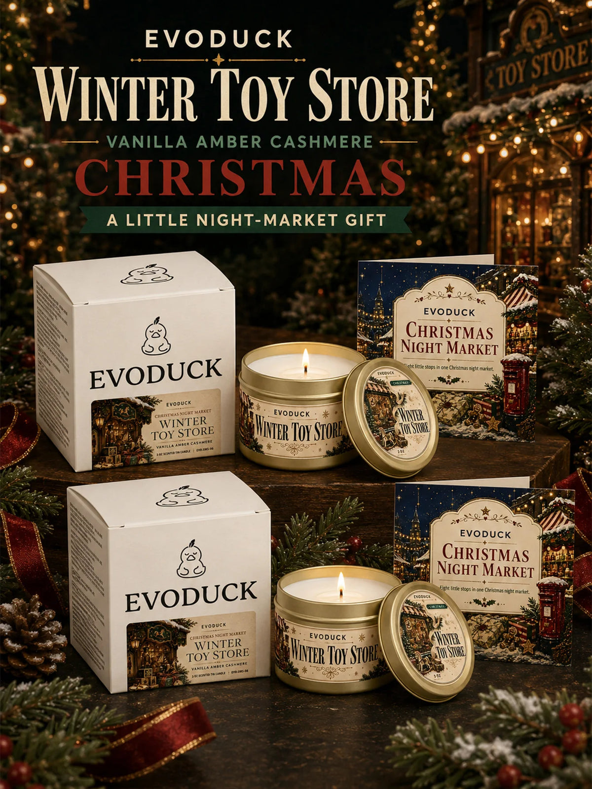 Evoduck Winter Toy Store Christmas gift set featuring a vanilla amber cashmere scented candle in a travel tin with a box and 