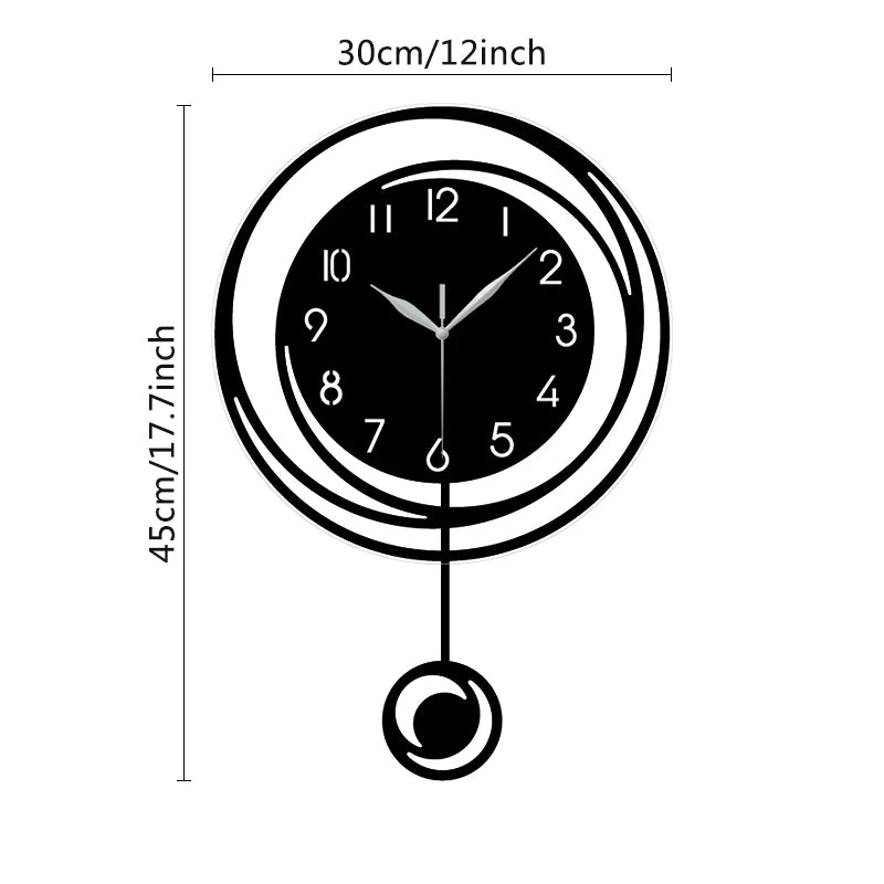 A black modern circular wall clock face showing the time, with a pendulum hanging below.