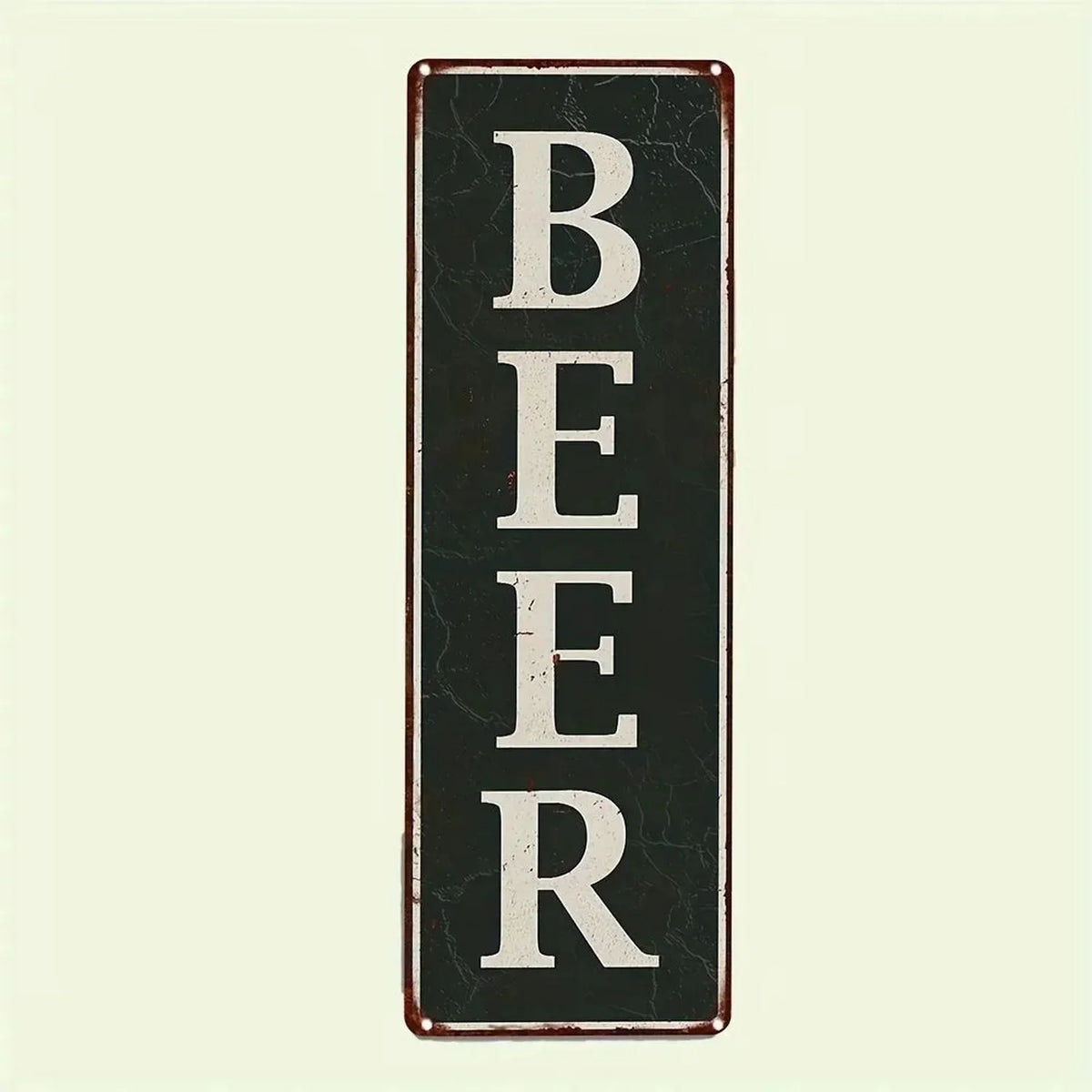 A vertical rectangular metal sign with the word BEER painted in white on a black background.